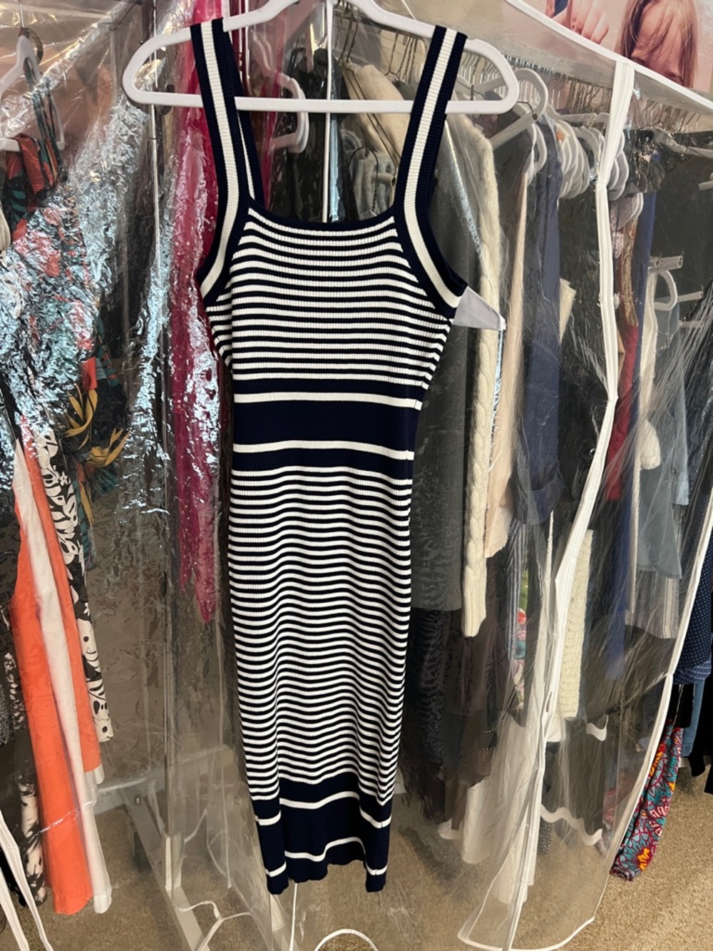 Sleeveless SZ M Navy and White Striped Midi Dress